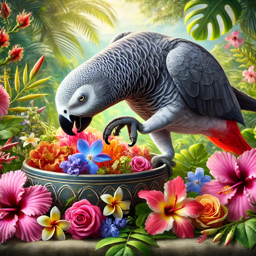 African Grey Parrot Eating Flowers