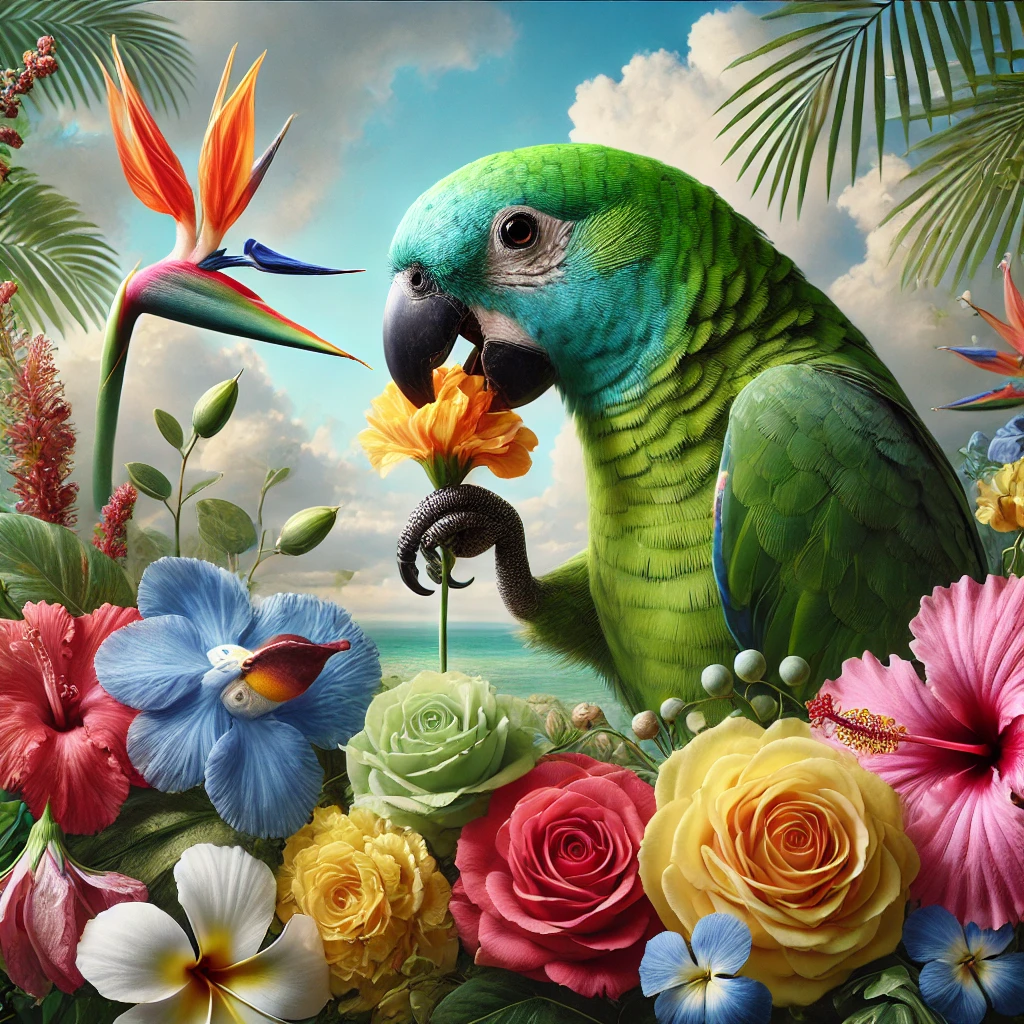 Parrot Eating Flowers